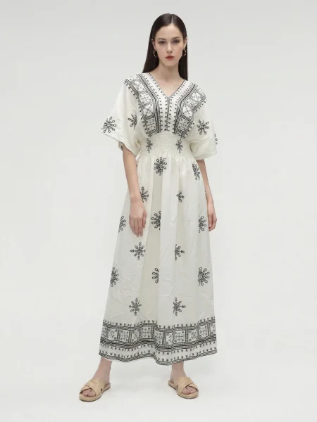 Suria Batik Smocked Maxi Dress – Ivory Sand