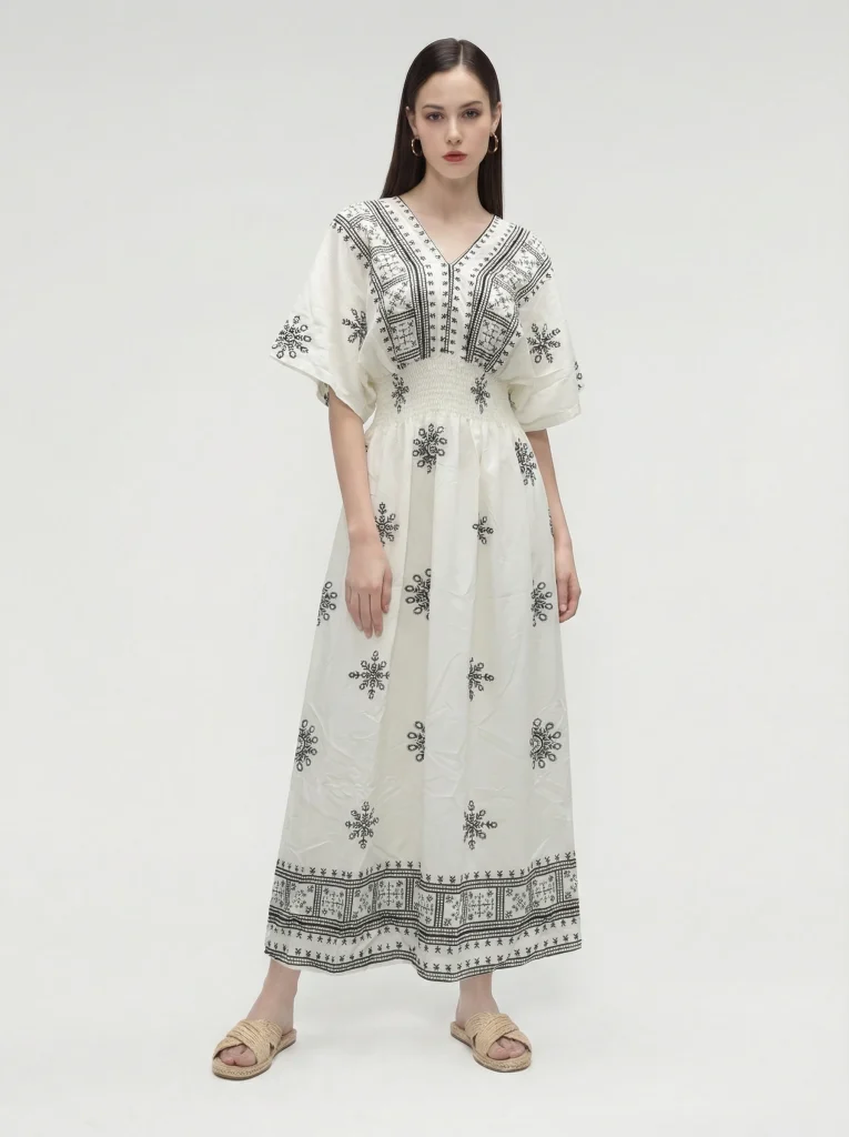 Suria Batik Smocked Maxi Dress – Ivory Sand