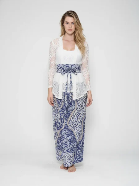 Kemboja 3-in-1 Batik Kebaya Set – White & Blue