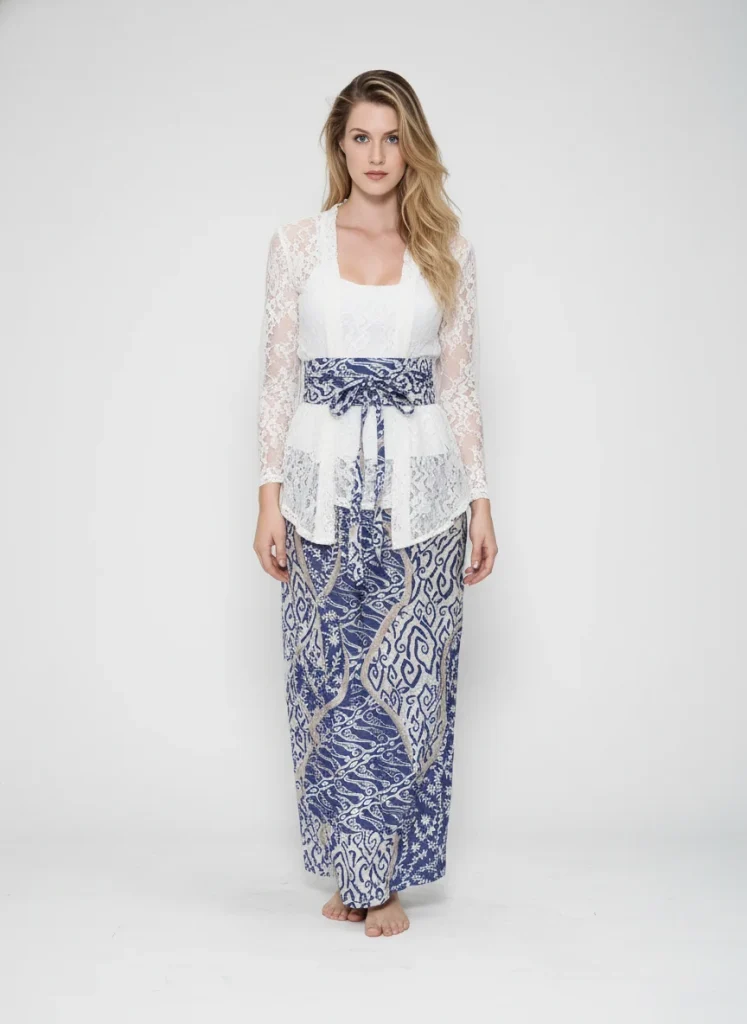 Kemboja 3-in-1 Batik Kebaya Set – White & Blue