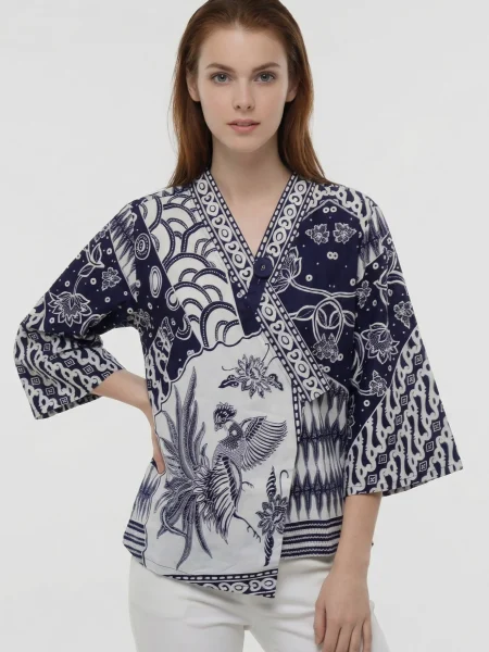 Dahlia Batik Wrap Kimono Top – Indigo & White