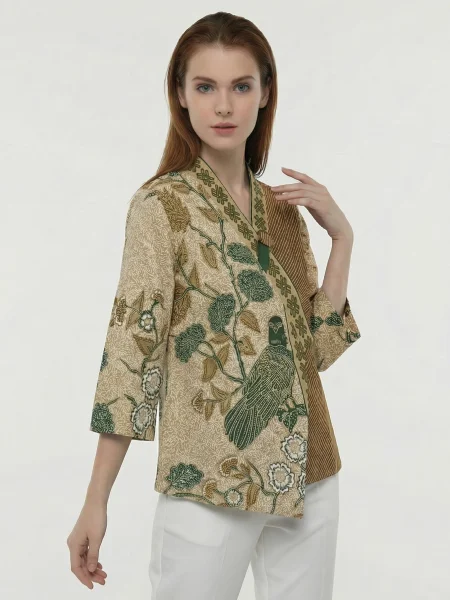 Dahlia Batik Wrap Kimono Top – Olive Sage