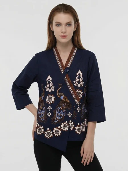 Dahlia Batik Wrap Kimono Top – Navy & Brown