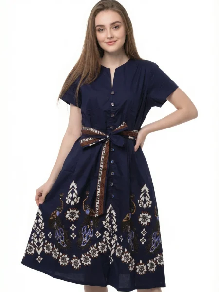Melati Batik Belted Midi Dress – Midnight Navy
