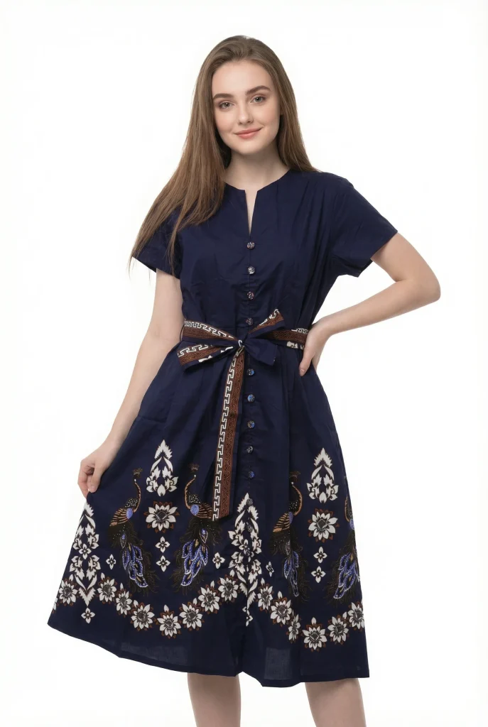 Melati Batik Belted Midi Dress – Midnight Navy