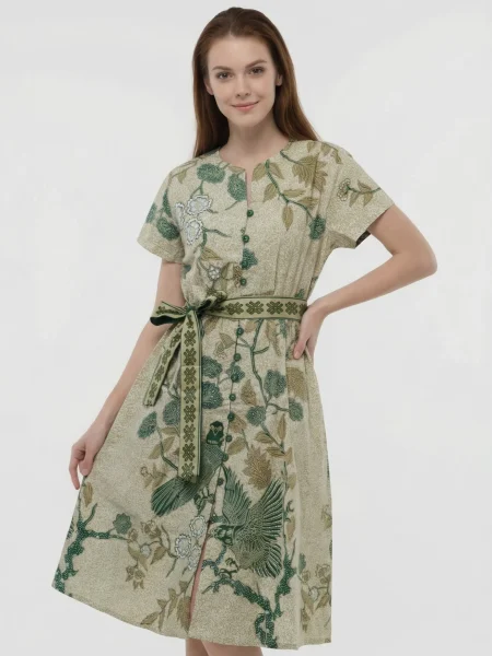 Melati Batik Belted Midi Dress – Sage Green