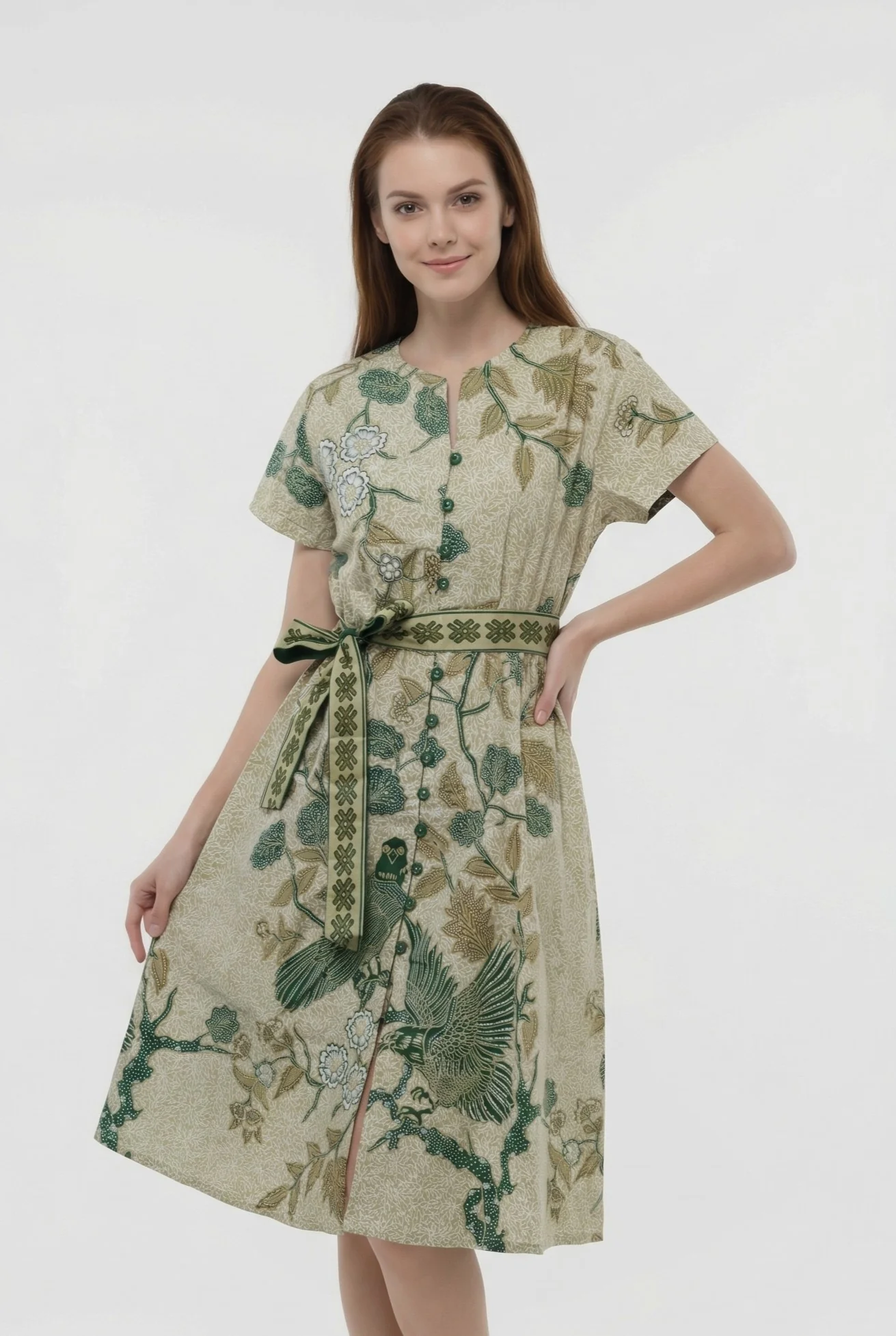 Melati Batik Belted Midi Dress – Sage Green