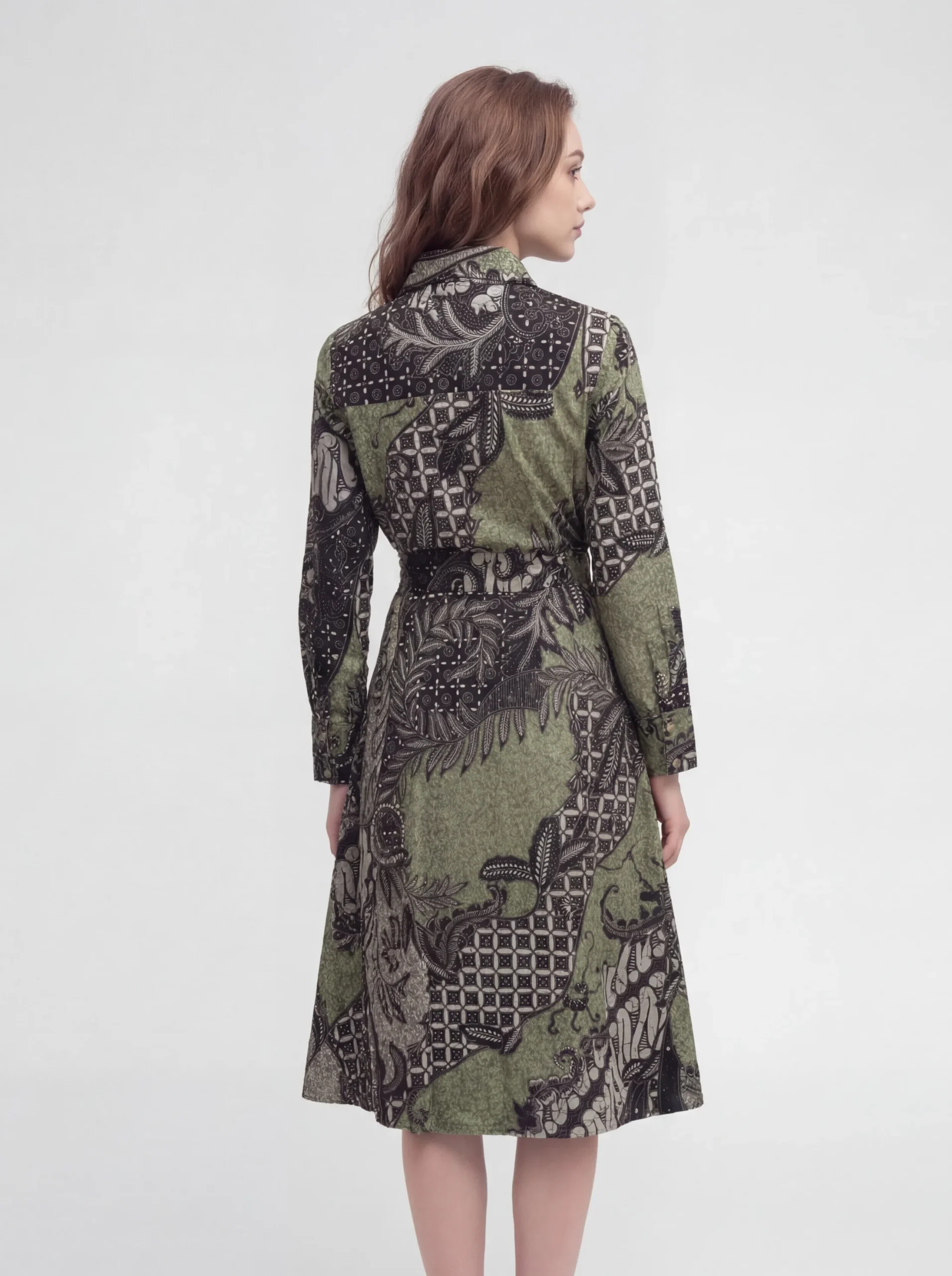 Seroja Batik A-Line Shirt Dress – Black & Olive - Image 2