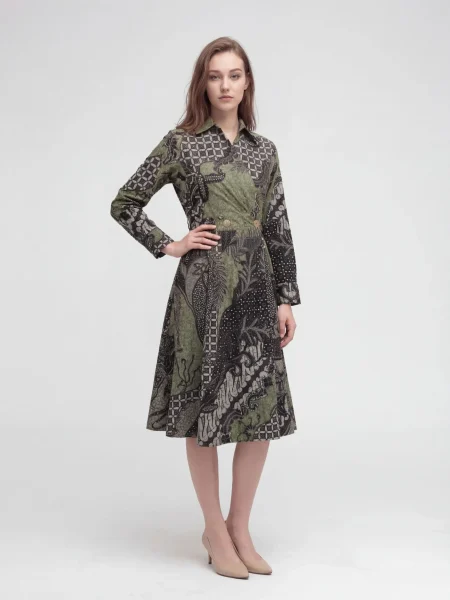 Seroja Batik A-Line Shirt Dress – Black & Olive