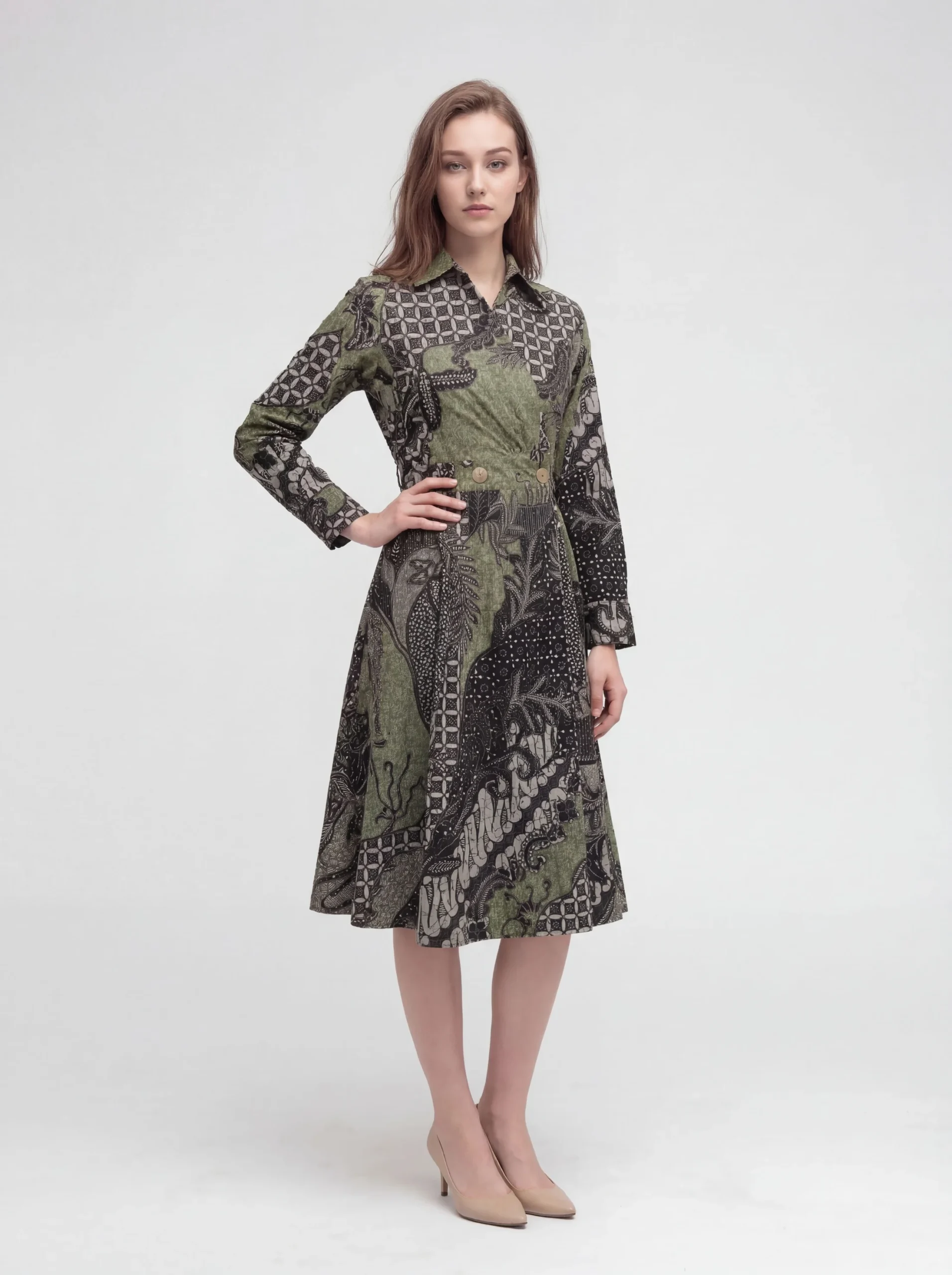 Seroja Batik A-Line Shirt Dress – Black & Olive